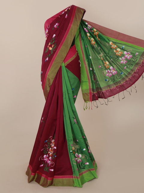 

Pothys Magenta & Green Cotton Blend Printed Saree