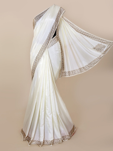 

Pothys Off-White Solid Pure Georgette Saree