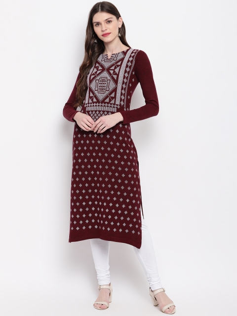 

Janasya Women Maroon & White Woven Design Straight Woolen Kurta