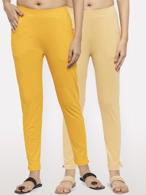 

NEUDIS Women Pack Of 2 Solid Ankle-Length Leggings, Yellow