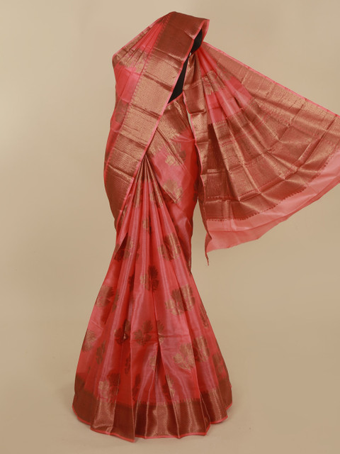 

Pothys Peach-Coloured Checked Tussar Saree