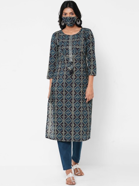 

FASHOR Women Navy Blue Beige Printed Kurta with Trousers