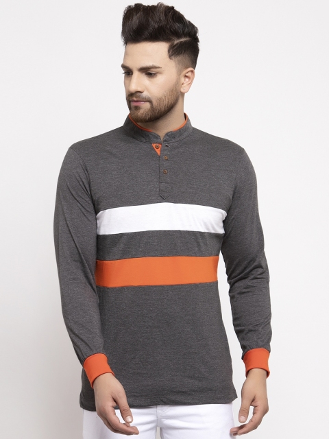 

Kalt Men Grey & White Striped Mandarin Collar T-shirt