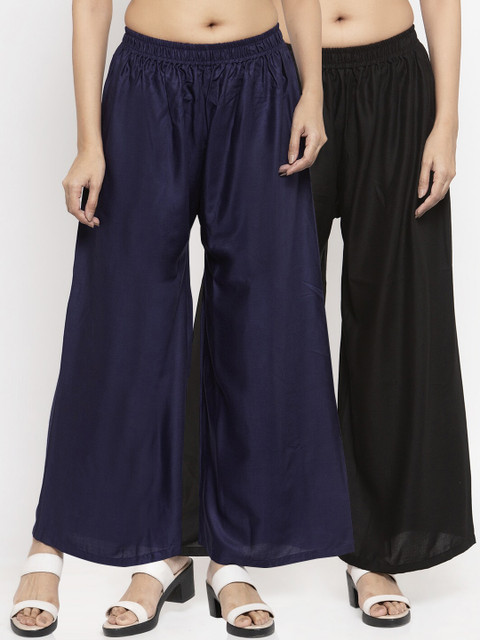 

NEUDIS Women Black & Navy Blue Set of 2 Solid Flared Palazzos