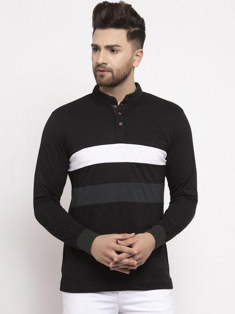 

Kalt Men Black Striped Mandarin Collar T-shirt