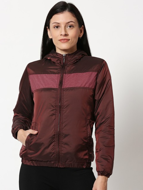 

Bewakoof Women Maroon Colourblocked Bomber Jacket