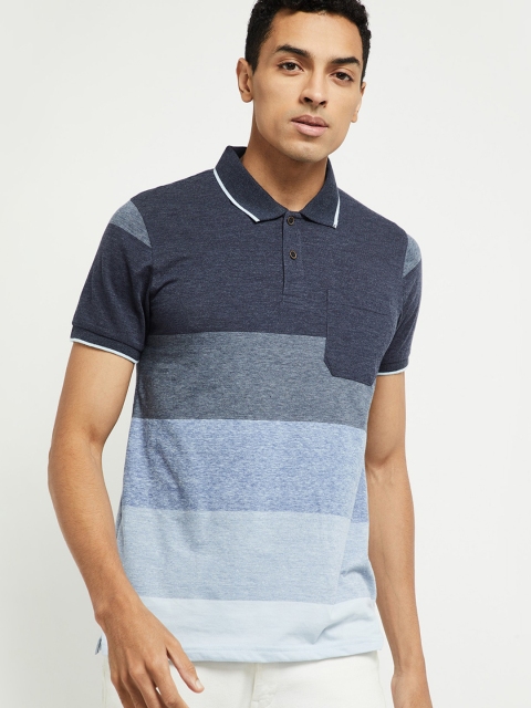 

max Men Grey & Blue Colourblocked Polo Collar Cotton T-shirt