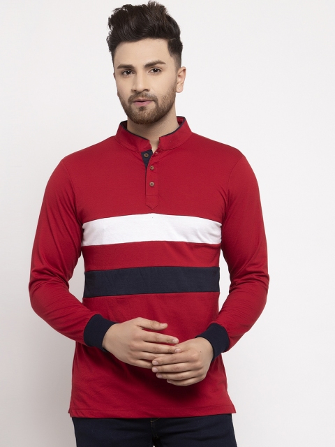 

Kalt Men Red & White Striped Mandarin Collar T-shirt