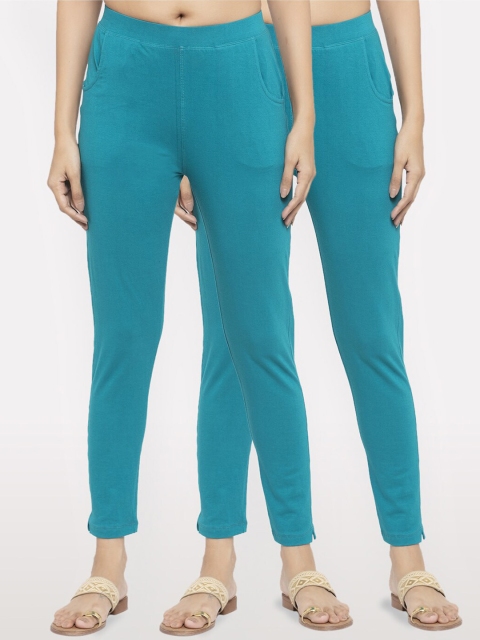 

NEUDIS Women Pack Of 2 Turquoise Blue Solid Ankle-Length Leggings