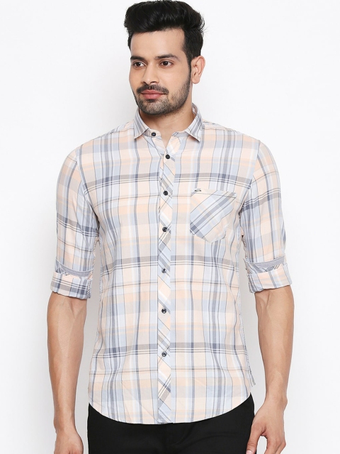 

Killer Men Peach-Coloured & Grey Slim Fit Checked Cotton Casual Shirt