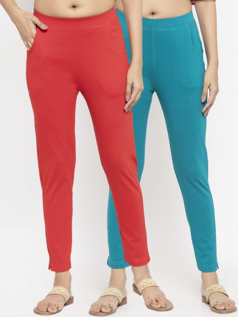 

NEUDIS Women Pack Of 2 Solid Ankle-Length Leggings, Red