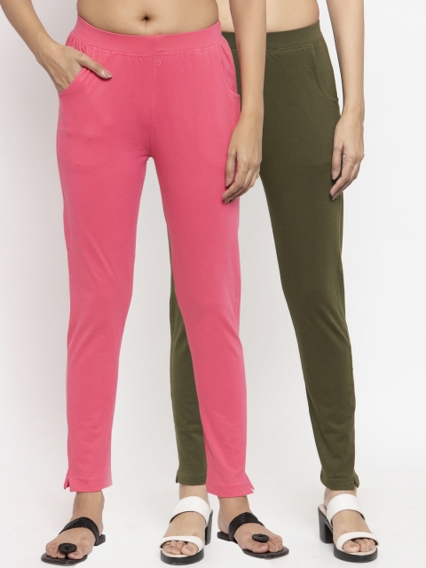 

NEUDIS Women Pack Of 2 Solid Ankle-Length Leggings, Pink