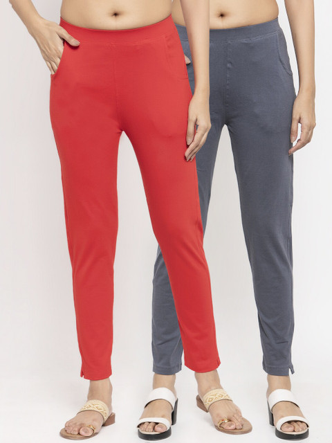 

NEUDIS Women Pack of 2 Solid Ankle Length Leggings, Red