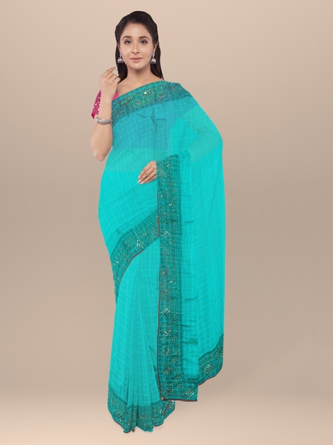 

KLM Fashion Mall Green Checked Organza Saree