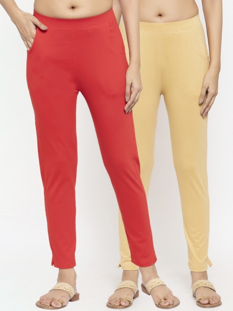 

NEUDIS Women Pack Of 2 Solid Ankle-Length Leggings, Red