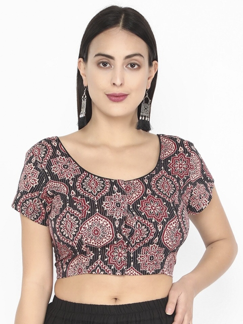 

Molcha Women Black & Maroon Ajrak Printed Saree Blouse