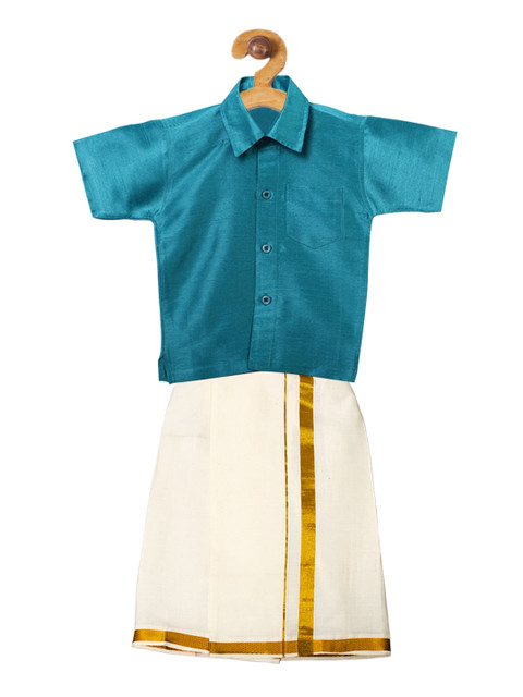 

Ridokidz Boys Teal Blue & Cream-Coloured Solid Shirt and Veshti