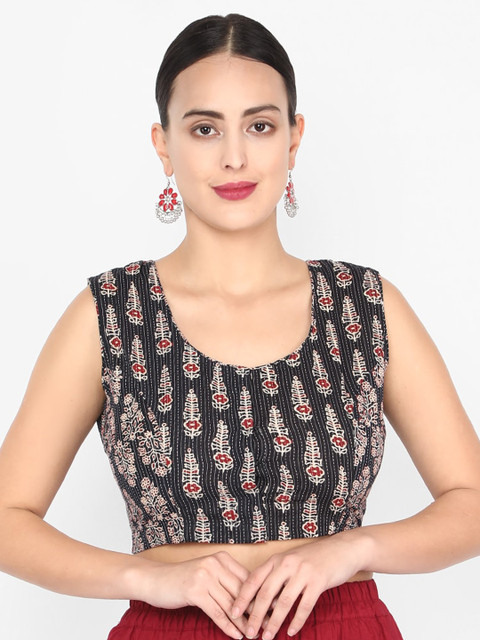

Molcha Women Black & Red Ajrak Printed Non-Padded Saree Blouse