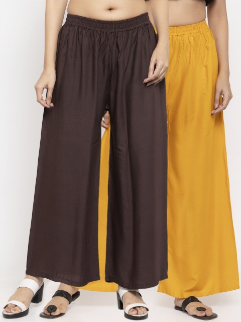 

NEUDIS Women Brown & Yellow Solid Flared Palazzos