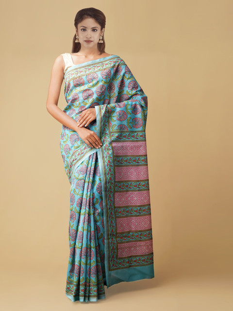 

Unnati Silks Blue & Pink Pure Cotton Printed Chanderi Saree
