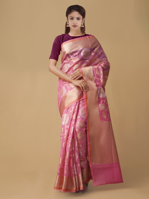 

Unnati Silks Pink & Gold-Toned Silk Cotton Woven Design Banarasi Saree