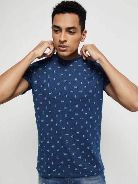 

max Men Blue Printed Round Neck T-shirt
