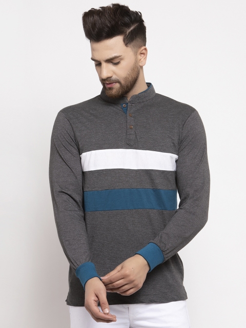 

Kalt Men Grey & White Striped Mandarin Collar T-shirt