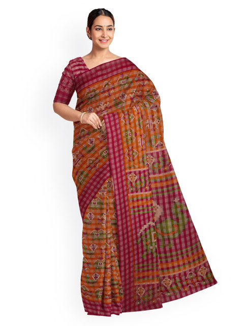 

KLM Fashion Mall Orange & Pink Silk Blend Checked Saree