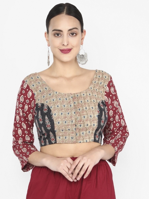 

Molcha Women Beige & Red Printed Readymade Ajrak Saree Blouse