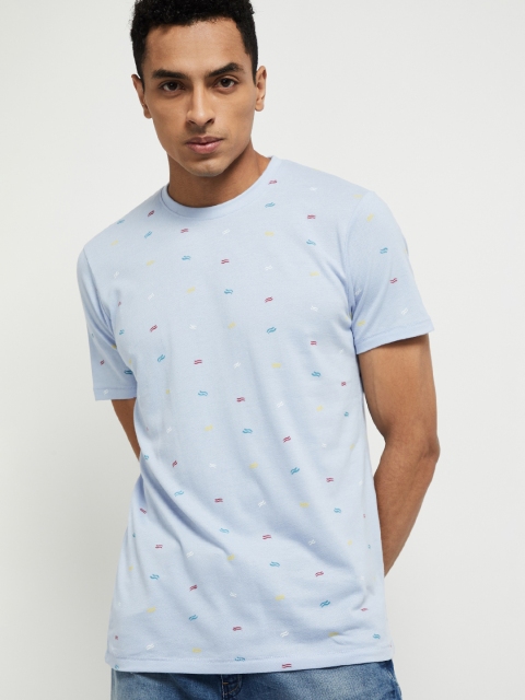 

max Men Blue Printed Round Neck T-shirt