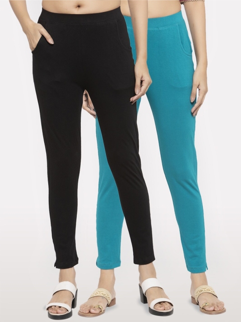 

NEUDIS Women Pack Of 2 Solid Ankle-Length Leggings, Black