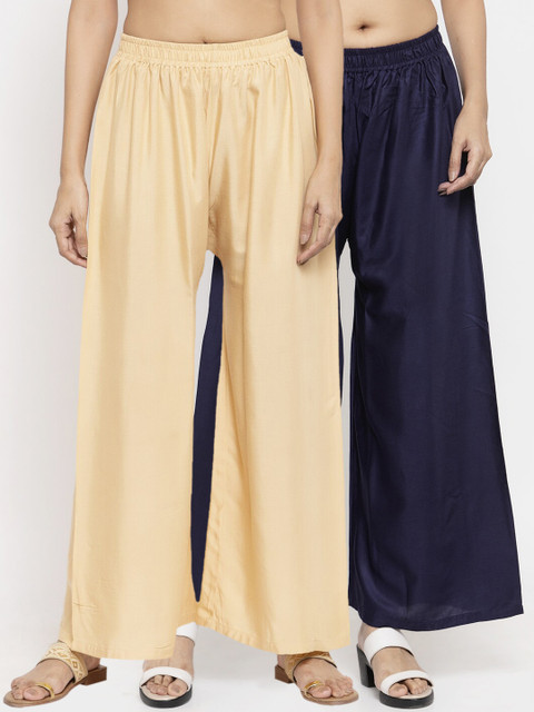 

NEUDIS Women Pack Of 2 Solid Flared Palazzos, Navy blue