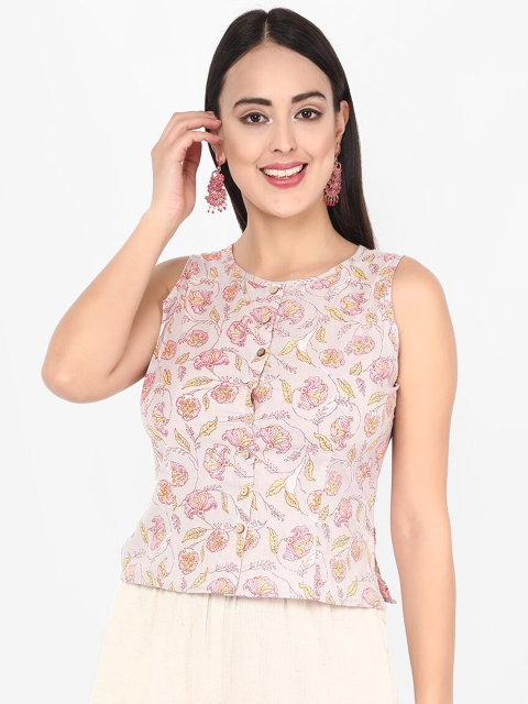 

Molcha Pink & Yellow Ethnic Printed Handcrafted Longline Saree Blouse