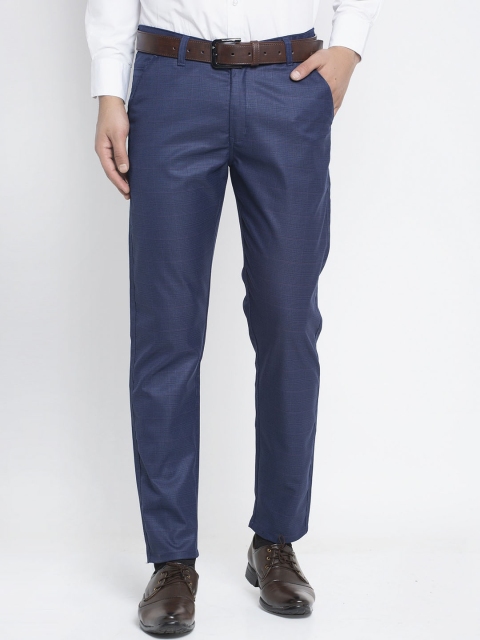 

JAINISH Men Blue Slim Fit Checked Formal Trousers