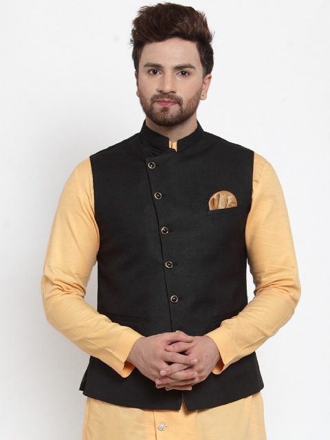 

MAXENCE Men Black Solid Nehru Jacket With Pocket Square