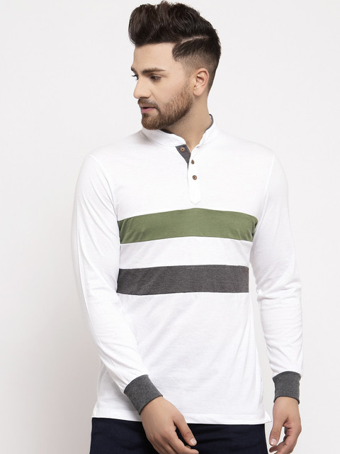 

Kalt Men White & Green Striped Mandarin Collar T-shirt