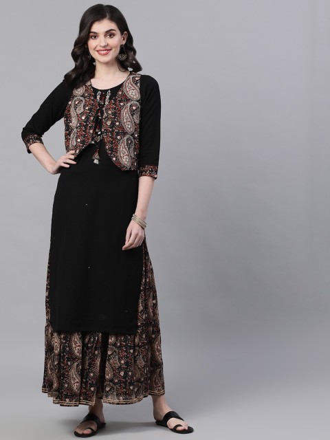 

Ishin Women Black & Beige Solid Kurta with Sharara With Jacket