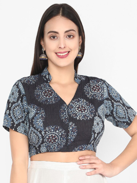 

Molcha Women Blue & White Printed Readymade Ajrak Saree Blouse