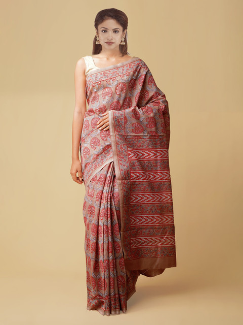 

Unnati Silks Brown Pure Cotton Printed Chanderi Saree