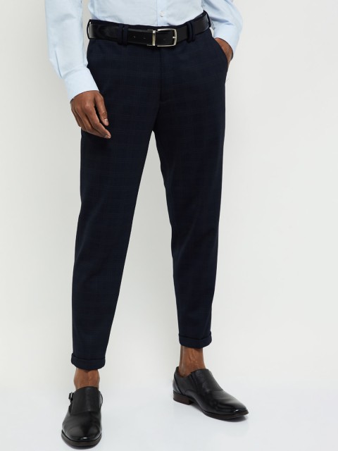 

max Men Blue Slim Fit Checked Formal Trousers
