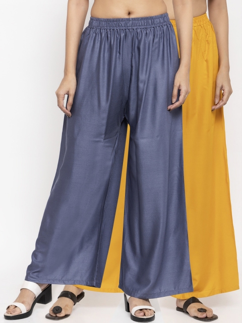 

NEUDIS Women Pack Of 2 Grey & Yellow Solid Flared Palazzos