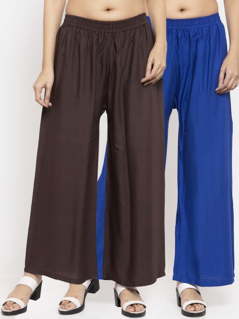 

NEUDIS Women Pack Of 2 Brown & Blue Solid Flared Palazzos