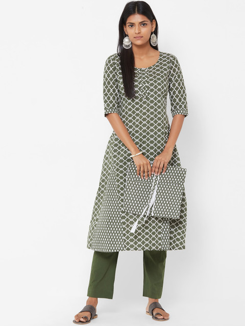 

FASHOR Women Quatrefoil Printed Kurta with Solid Pant with Printed Fabric Bag, Green