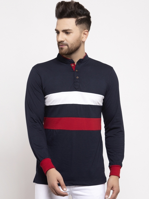 

Kalt Men Navy Blue & White Striped Mandarin Collar T-shirt