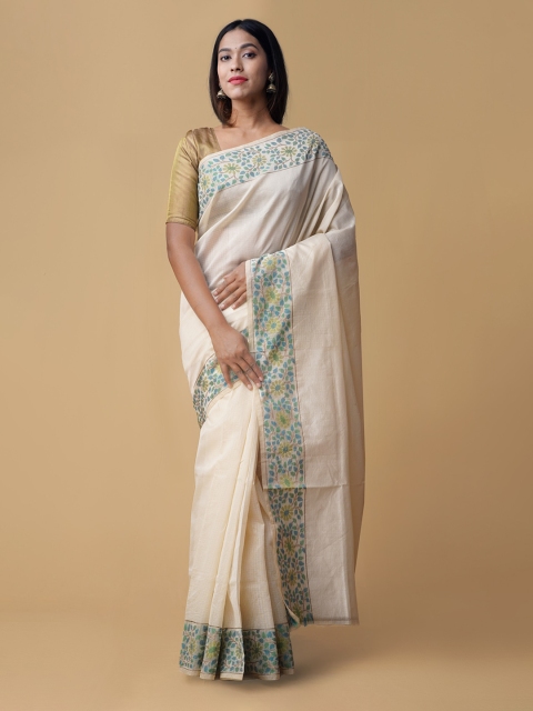 

Unnati Silks Cream-Coloured & Blue Silk Cotton Solid Chanderi Saree