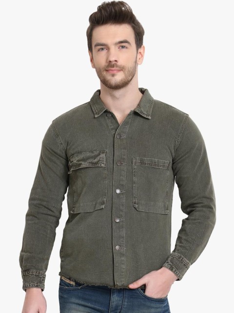 

Kotty Men Olive Green Solid Denim Jacket