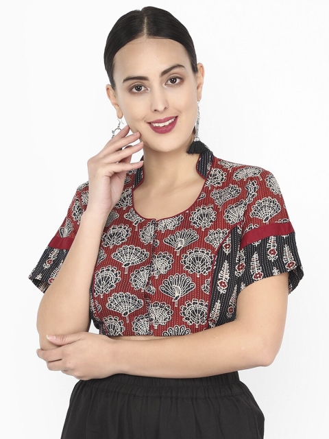 

Molcha Women Maroon & Black Ajrak Printed Saree Blouse