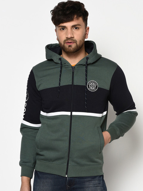 

Octave Men Olive Green & Black Colourblocked Hooded Sweatshirt