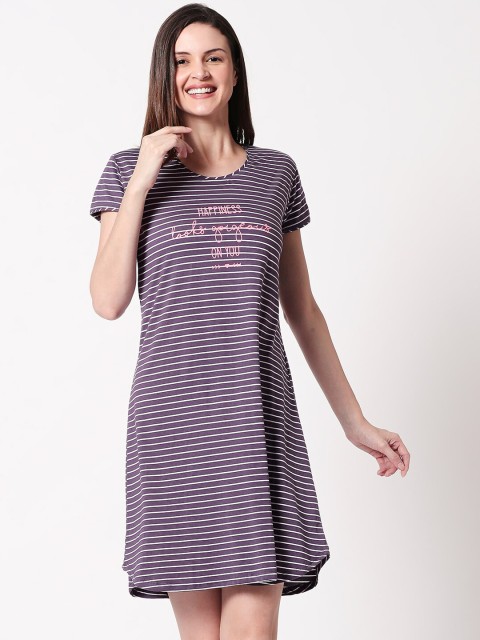 

Zeyo Women Purple & White Pure Cotton Striped Nightdress