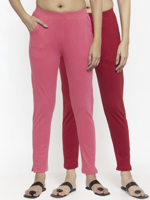 

NEUDIS Women Pack Of 2 Solid Ankle-Length Leggings, Red